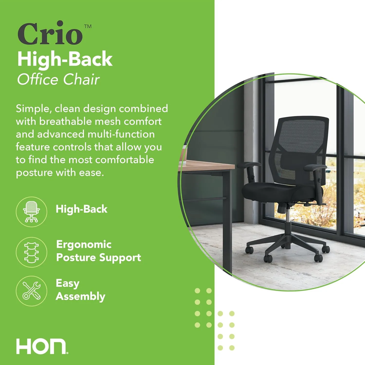 HON Crio High Back Task Chair, Ergonomic Office Chair with Adjustable Arms and Back Support, Lumbar Support, 360 Swivel, Adjustable Center-Tilt Recline, Black
