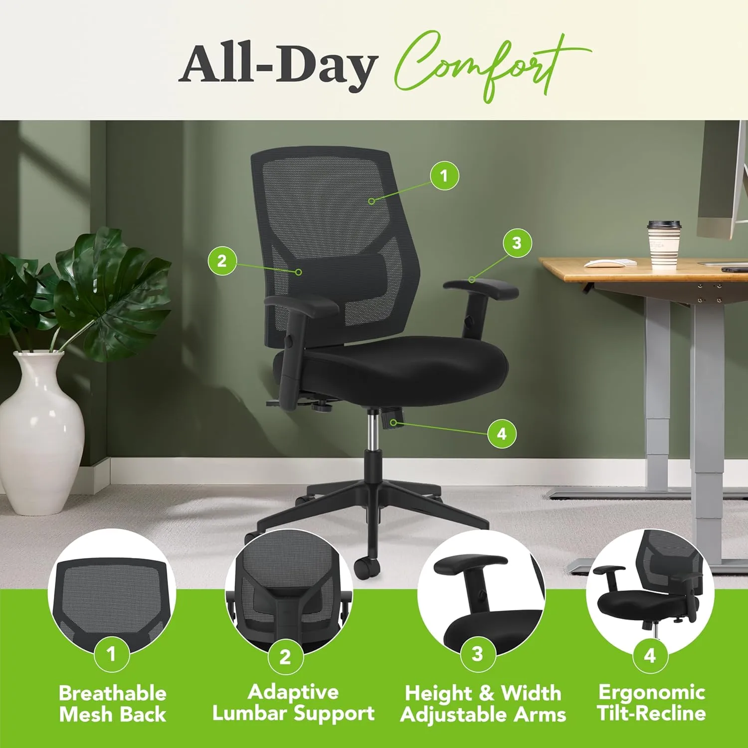 HON Crio High Back Task Chair, Ergonomic Office Chair with Adjustable Arms and Back Support, Lumbar Support, 360 Swivel, Adjustable Center-Tilt Recline, Black