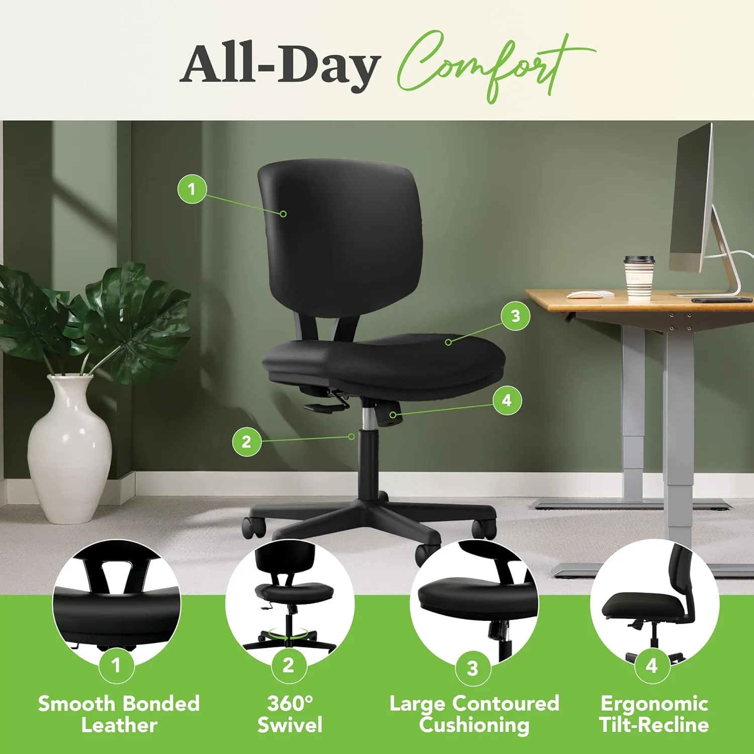 HON Volt Armless Chair, Home Desk Chairs with Wheels, Leather Seat and Back, Ergonomic Recline and Synchro Tilt, Black