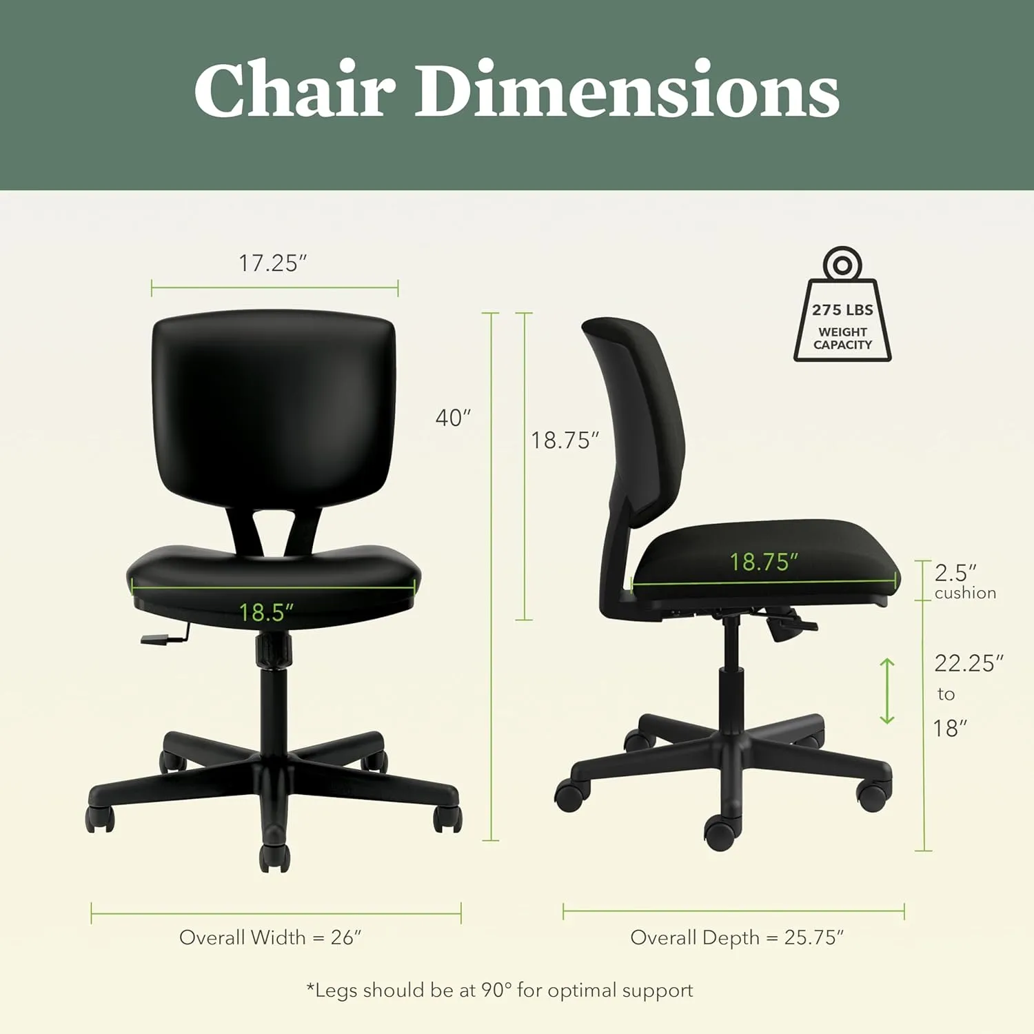 HON Volt Armless Chair, Home Desk Chairs with Wheels, Leather Seat and Back, Ergonomic Recline and Synchro Tilt, Black