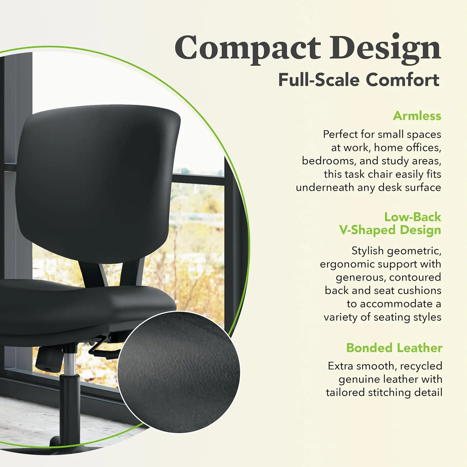 HON Volt Armless Chair, Home Desk Chairs with Wheels, Leather Seat and Back, Ergonomic Recline and Synchro Tilt, Black
