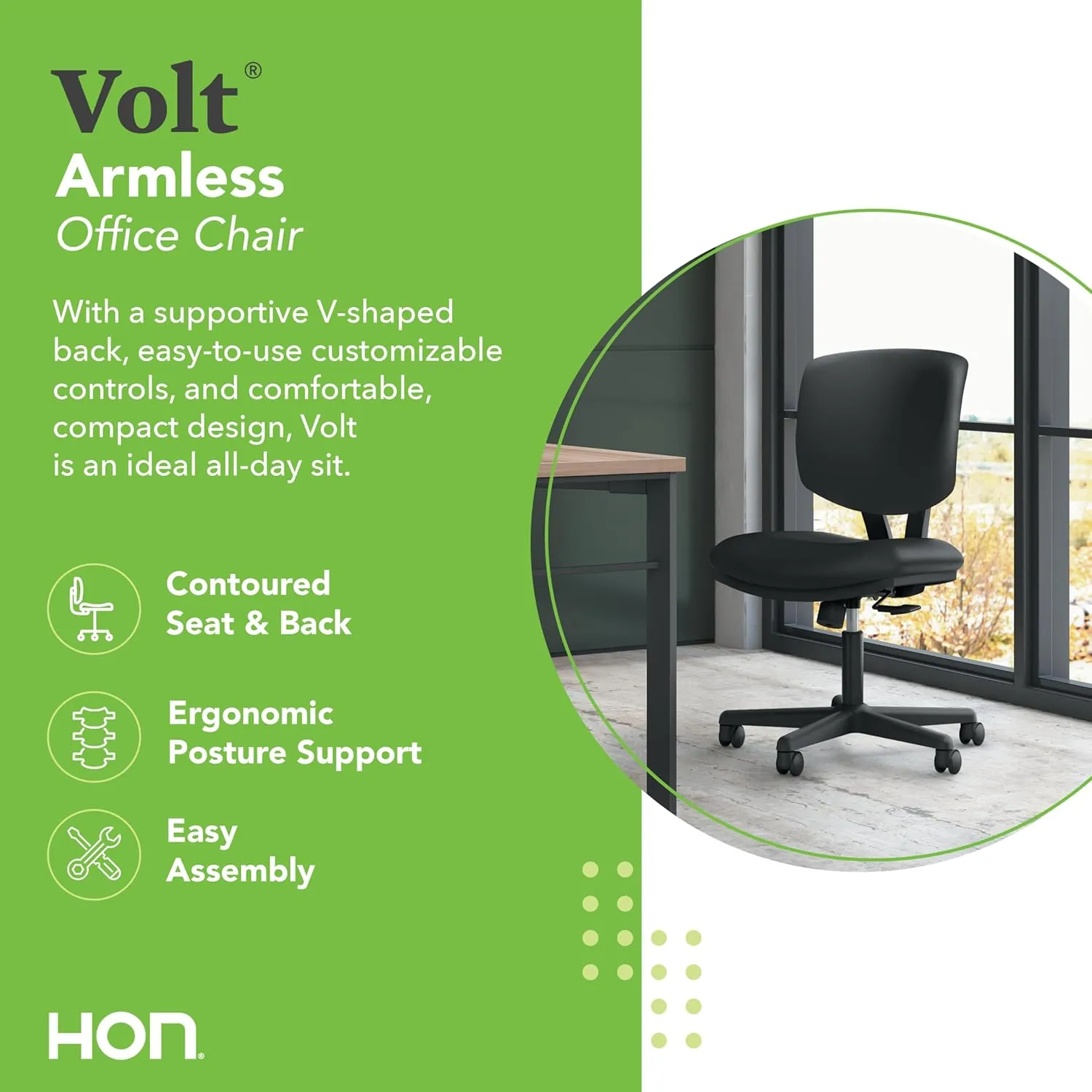 HON Volt Armless Chair, Home Desk Chairs with Wheels, Leather Seat and Back, Ergonomic Recline and Synchro Tilt, Black