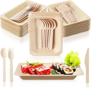Hoolerry 50 Set Disposable Bamboo Plates and Cutlery (Forks, Knives, Spoons) for School, Classroom, Party (7.87 x 5.5 Inch)