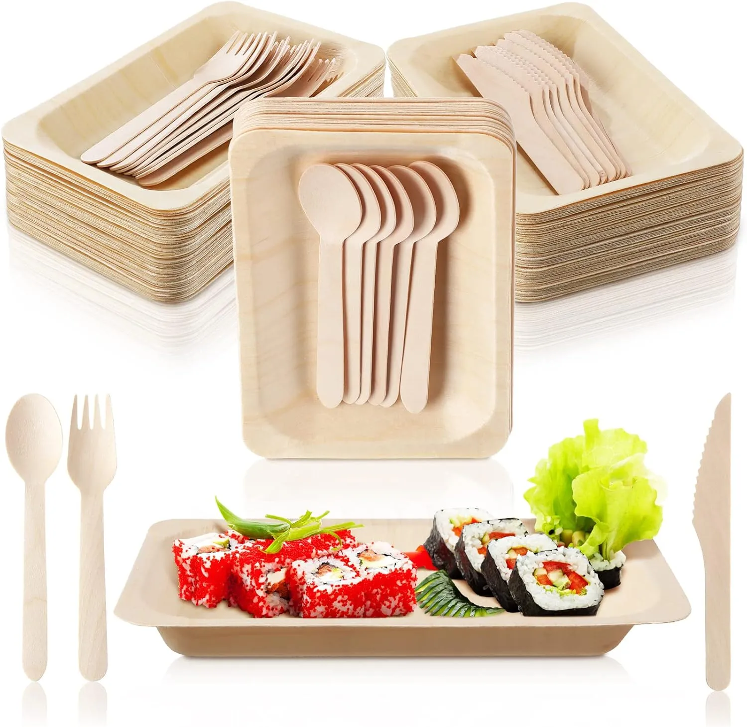 Hoolerry 50 Set Disposable Bamboo Plates and Cutlery (Forks, Knives, Spoons) for School, Classroom, Party (7.87 x 5.5 Inch)