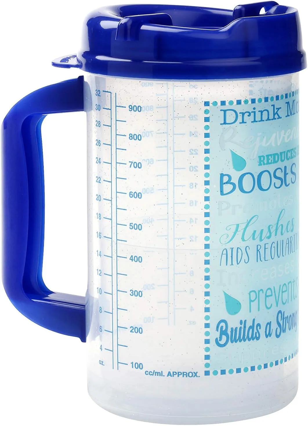 Hospital Cup with Lid and Straw with Measurement Lines for Tracking, 32 oz Water Mug with Handle, Hospital Water Bottle, Bedside Pitcher Jug, Insulated Mug, Blue Lid