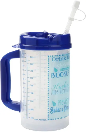 Hospital Cup with Lid and Straw with Measurement Lines for Tracking, 32 oz Water Mug with Handle, Hospital Water Bottle, Bedside Pitcher Jug, Insulated Mug, Blue Lid