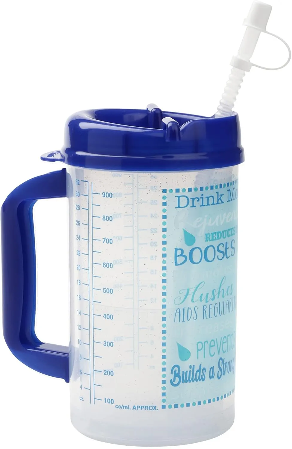 Hospital Cup with Lid and Straw with Measurement Lines for Tracking, 32 oz Water Mug with Handle, Hospital Water Bottle, Bedside Pitcher Jug, Insulated Mug, Blue Lid
