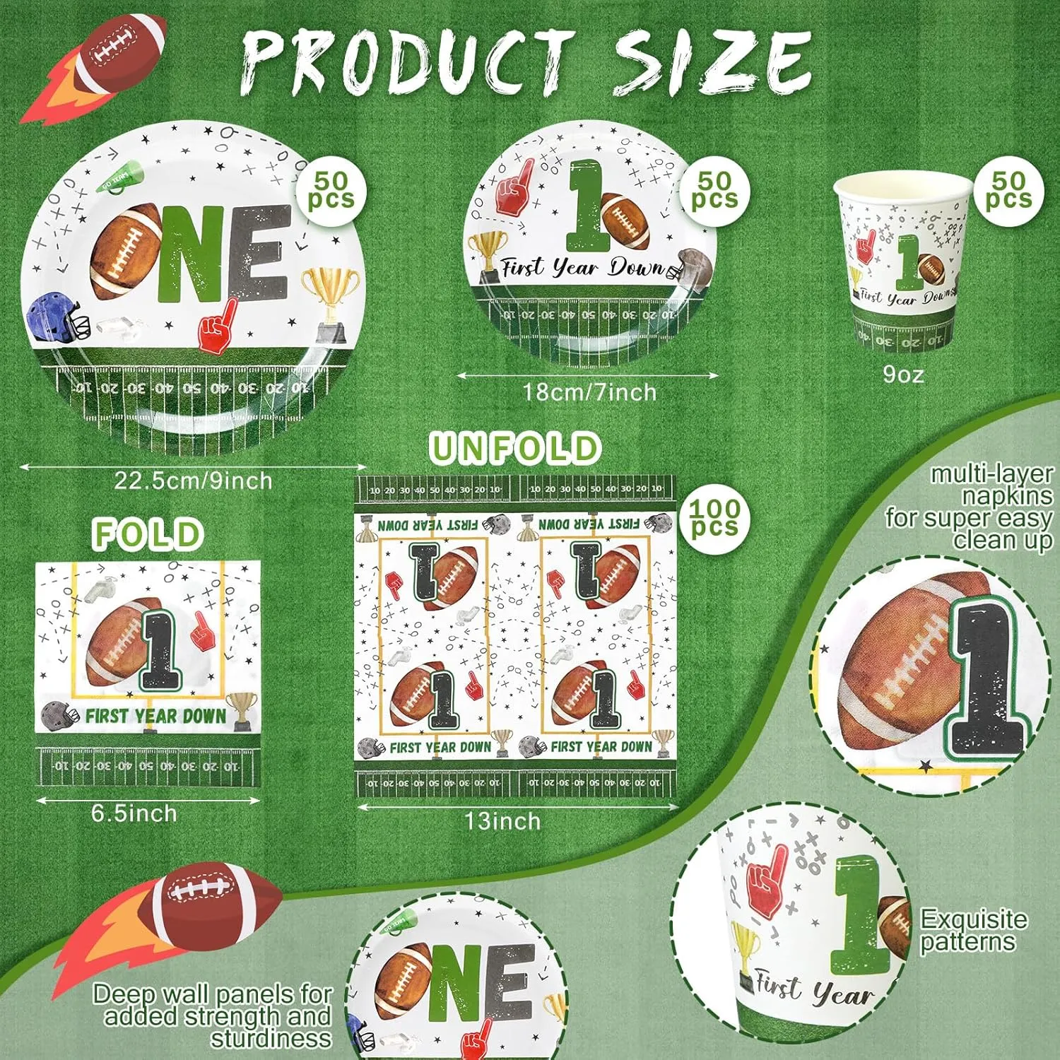 Hsei 250 Pcs First Year Football Plates and Napkins Party Decorations Disposable Tableware Sets Baby Shower Birthday Party Supplies Serves 50 Guests Dinnerware Baby Bridal Shower Party Favors