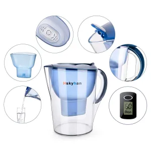 Hskyhan Alkaline Water Filter Pitcher - 3.5 Liters Improve PH, BPA Free, 2 Long Lasting Filters Included, Replacement Cartridge Timer, 7 Stage Filtration System (Blue)