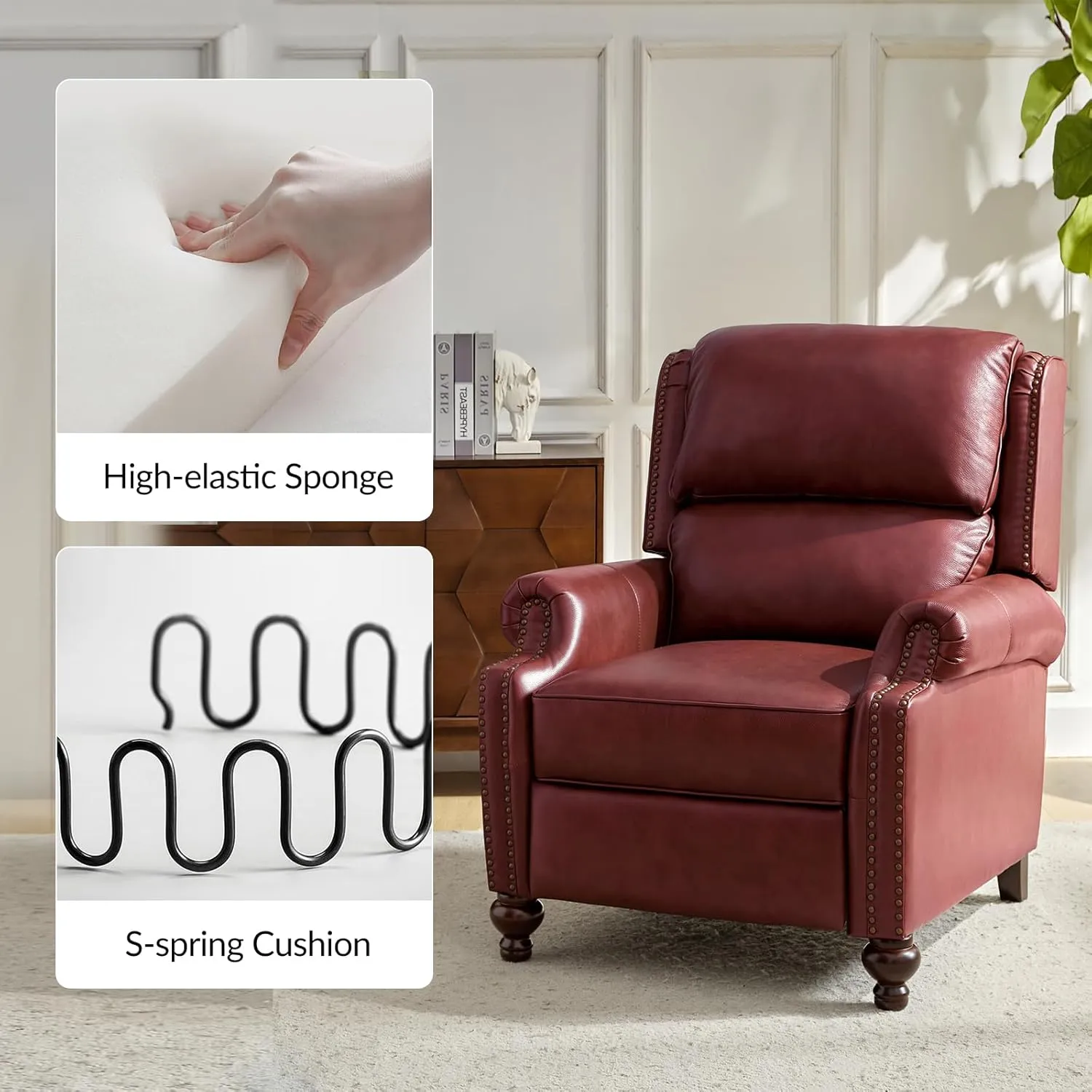 HULALA Home Genuine Leather Recliner Chair, Classic and Traditional Push Back Recliner Chair for Living Room, Adjustable Leather Cigar Reclining Vintage with Nail Head Trim,Burgundy