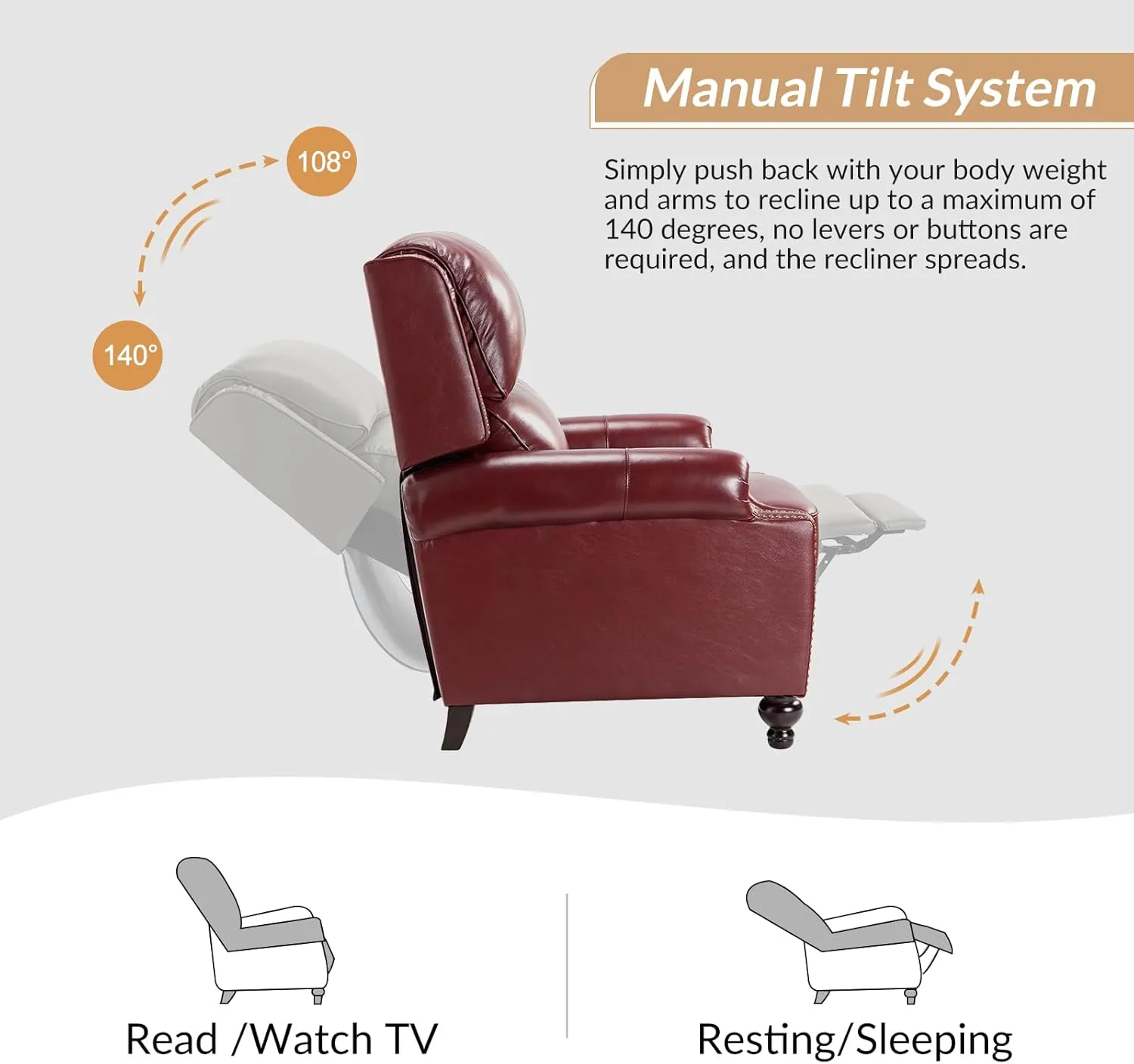 HULALA Home Genuine Leather Recliner Chair, Classic and Traditional Push Back Recliner Chair for Living Room, Adjustable Leather Cigar Reclining Vintage with Nail Head Trim,Burgundy