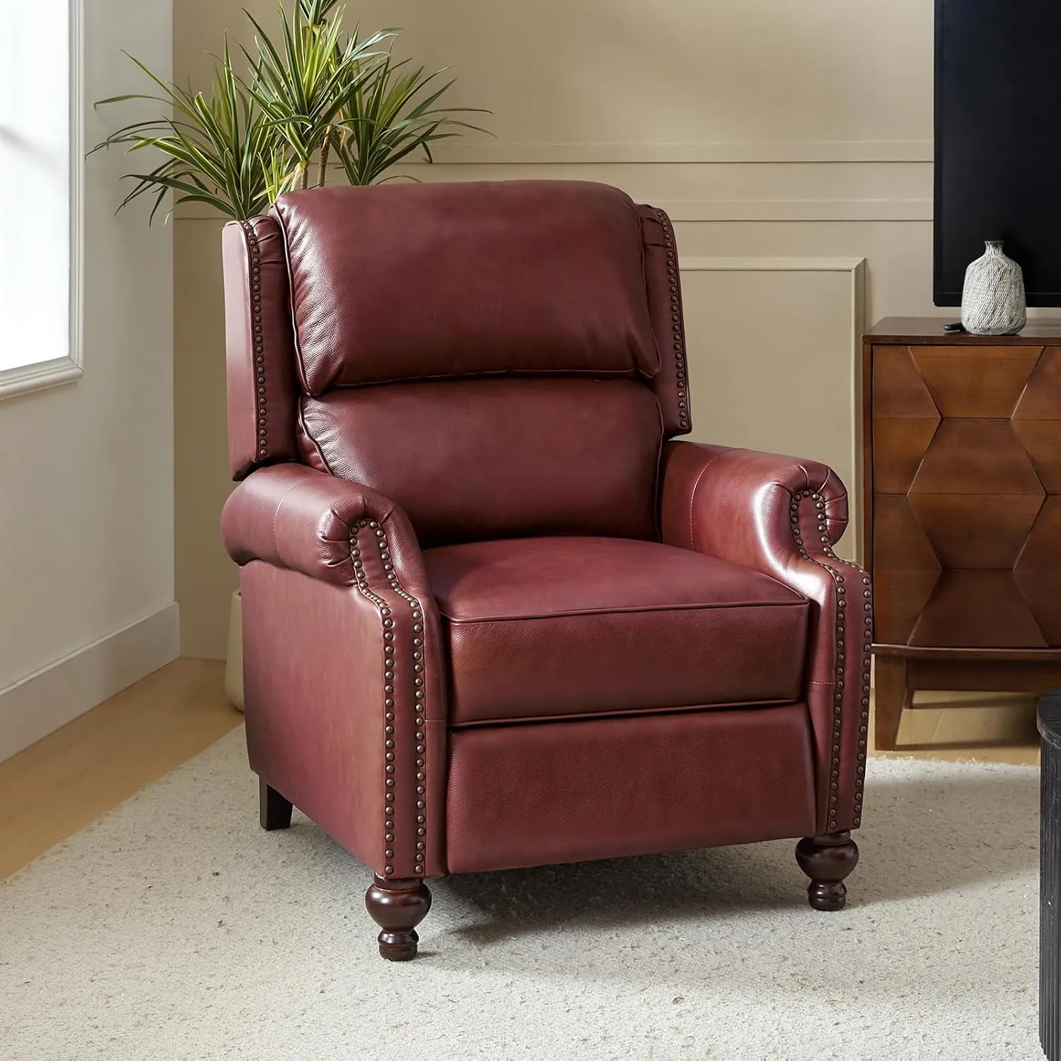 HULALA Home Genuine Leather Recliner Chair, Classic and Traditional Push Back Recliner Chair for Living Room, Adjustable Leather Cigar Reclining Vintage with Nail Head Trim,Burgundy