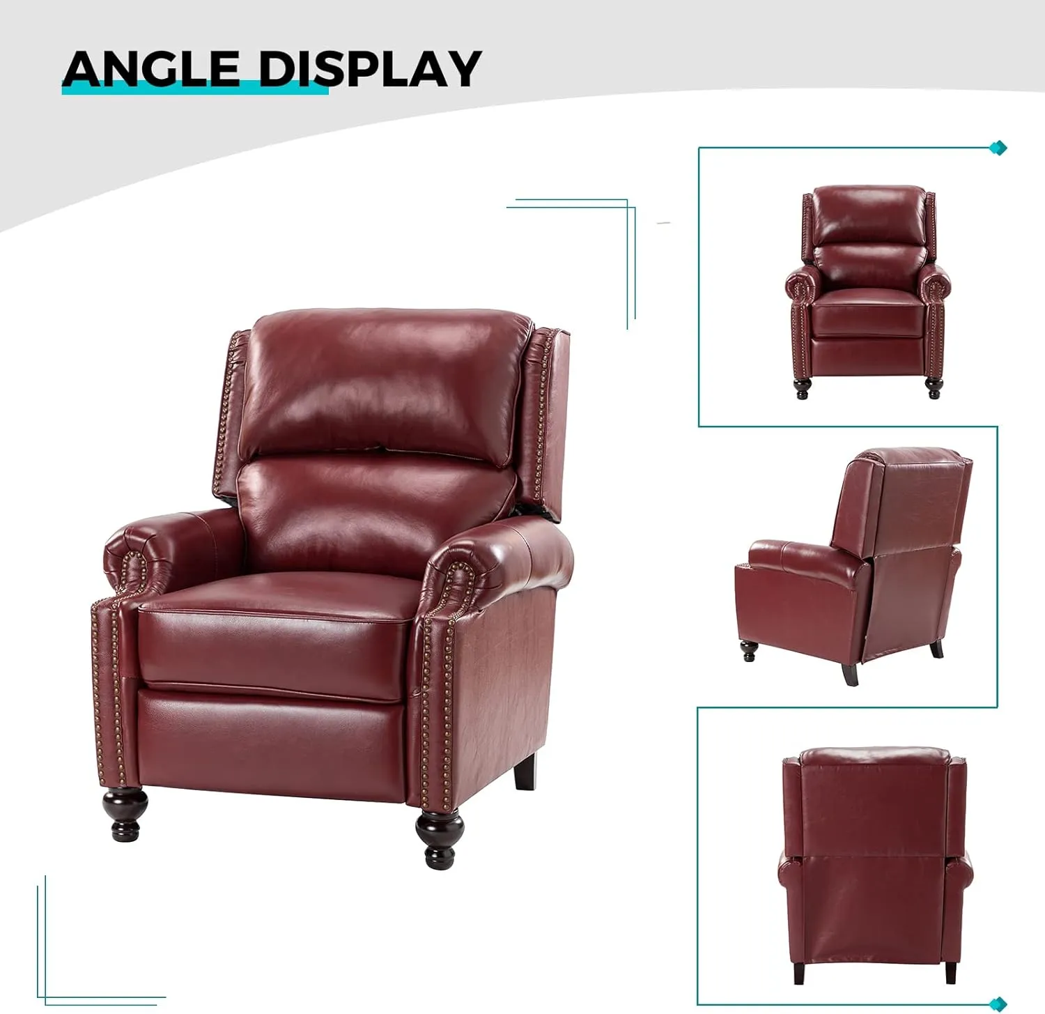 HULALA Home Genuine Leather Recliner Chair, Classic and Traditional Push Back Recliner Chair for Living Room, Adjustable Leather Cigar Reclining Vintage with Nail Head Trim,Burgundy