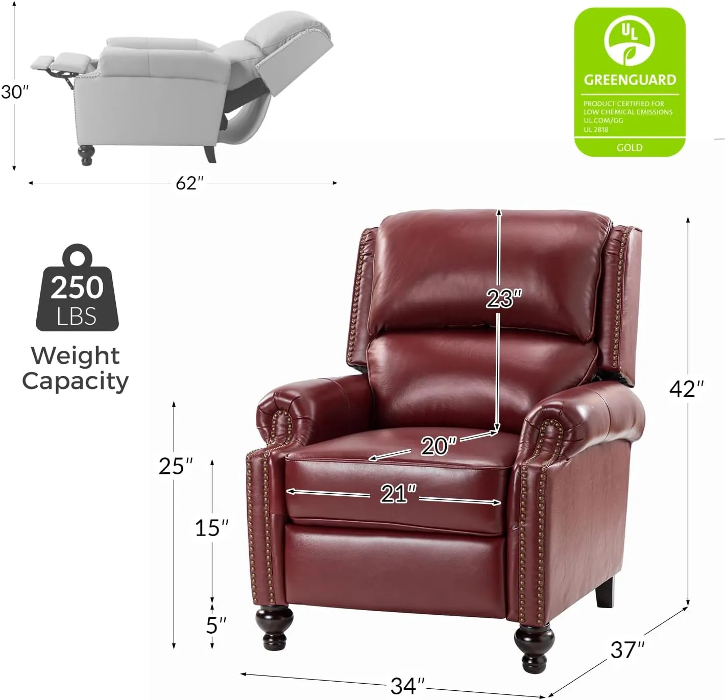 HULALA Home Genuine Leather Recliner Chair, Classic and Traditional Push Back Recliner Chair for Living Room, Adjustable Leather Cigar Reclining Vintage with Nail Head Trim,Burgundy