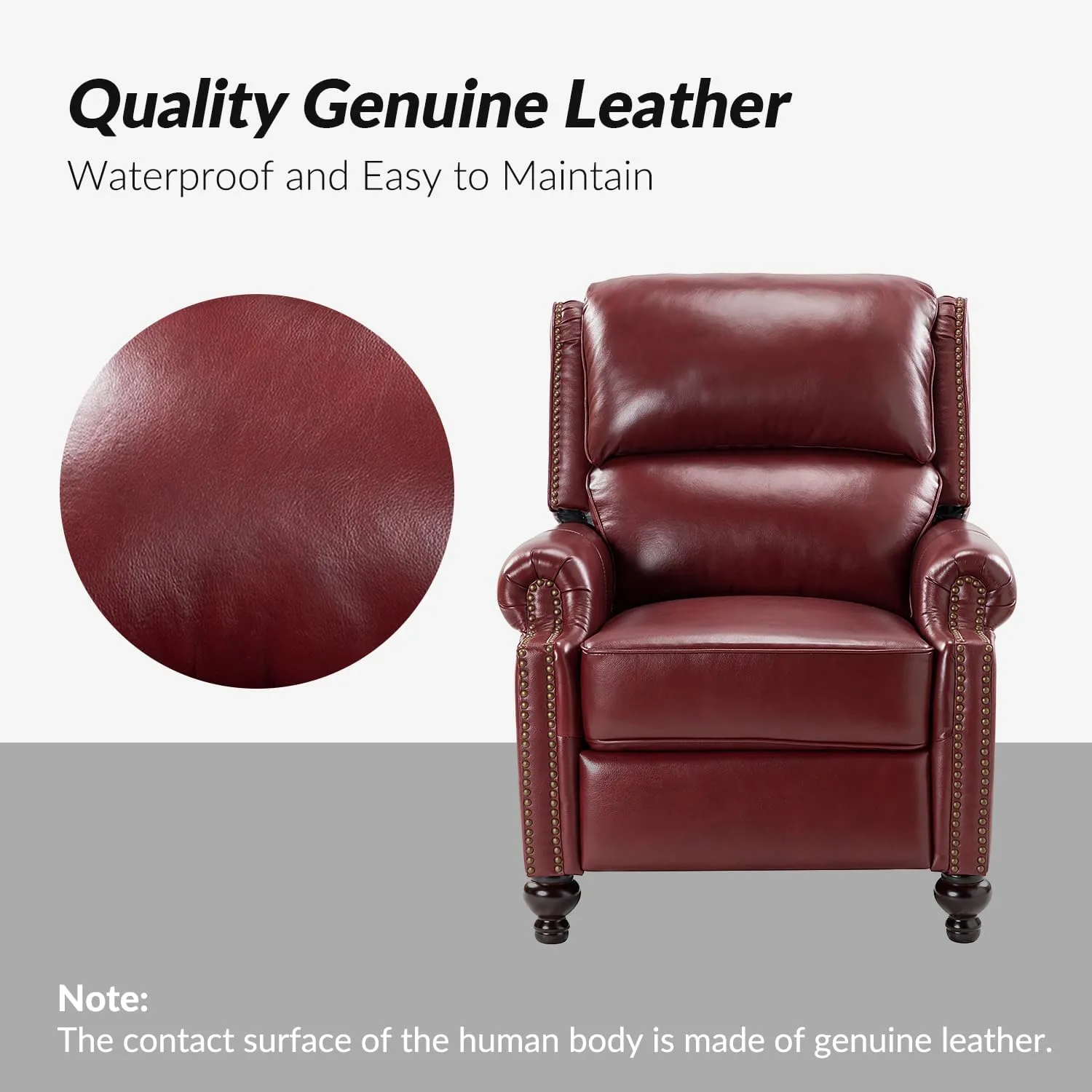 HULALA Home Genuine Leather Recliner Chair, Classic and Traditional Push Back Recliner Chair for Living Room, Adjustable Leather Cigar Reclining Vintage with Nail Head Trim,Burgundy