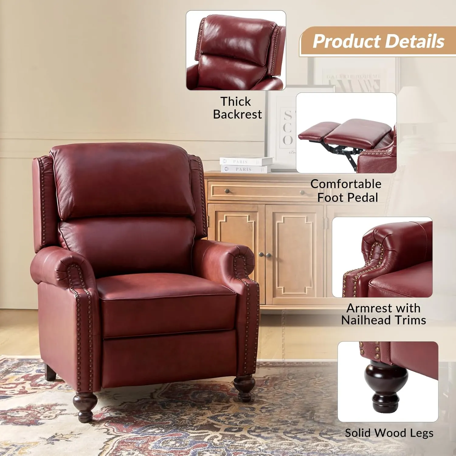 HULALA Home Genuine Leather Recliner Chair, Classic and Traditional Push Back Recliner Chair for Living Room, Adjustable Leather Cigar Reclining Vintage with Nail Head Trim,Burgundy