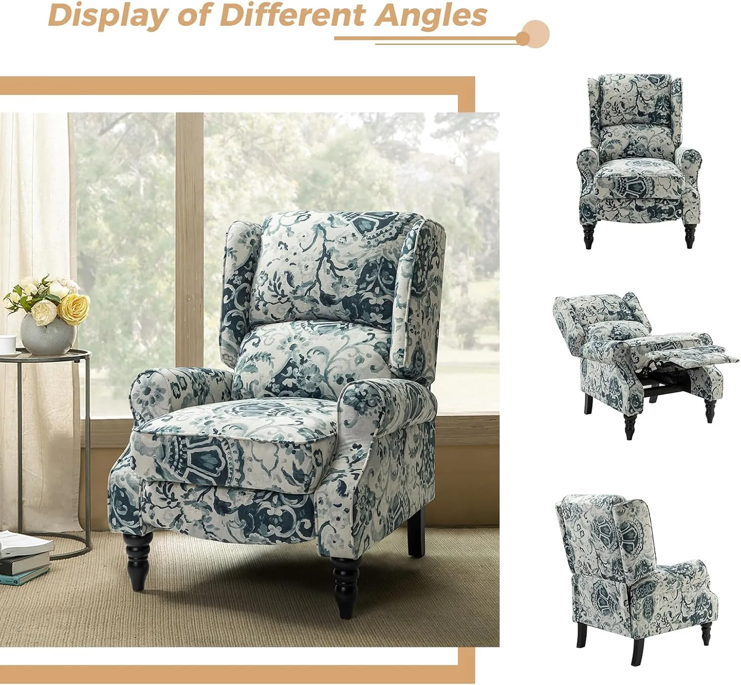 HULALA Home Upholstered Wingback Recliner Chair, Small Adjustable Footrest Push Back Single Reclining Sofa, Mid Century Modern Lounge Armchair for Living Room, Bedroom, Reading/Floral
