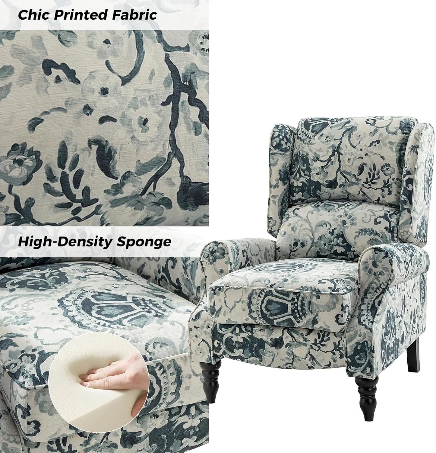 HULALA Home Upholstered Wingback Recliner Chair, Small Adjustable Footrest Push Back Single Reclining Sofa, Mid Century Modern Lounge Armchair for Living Room, Bedroom, Reading/Floral