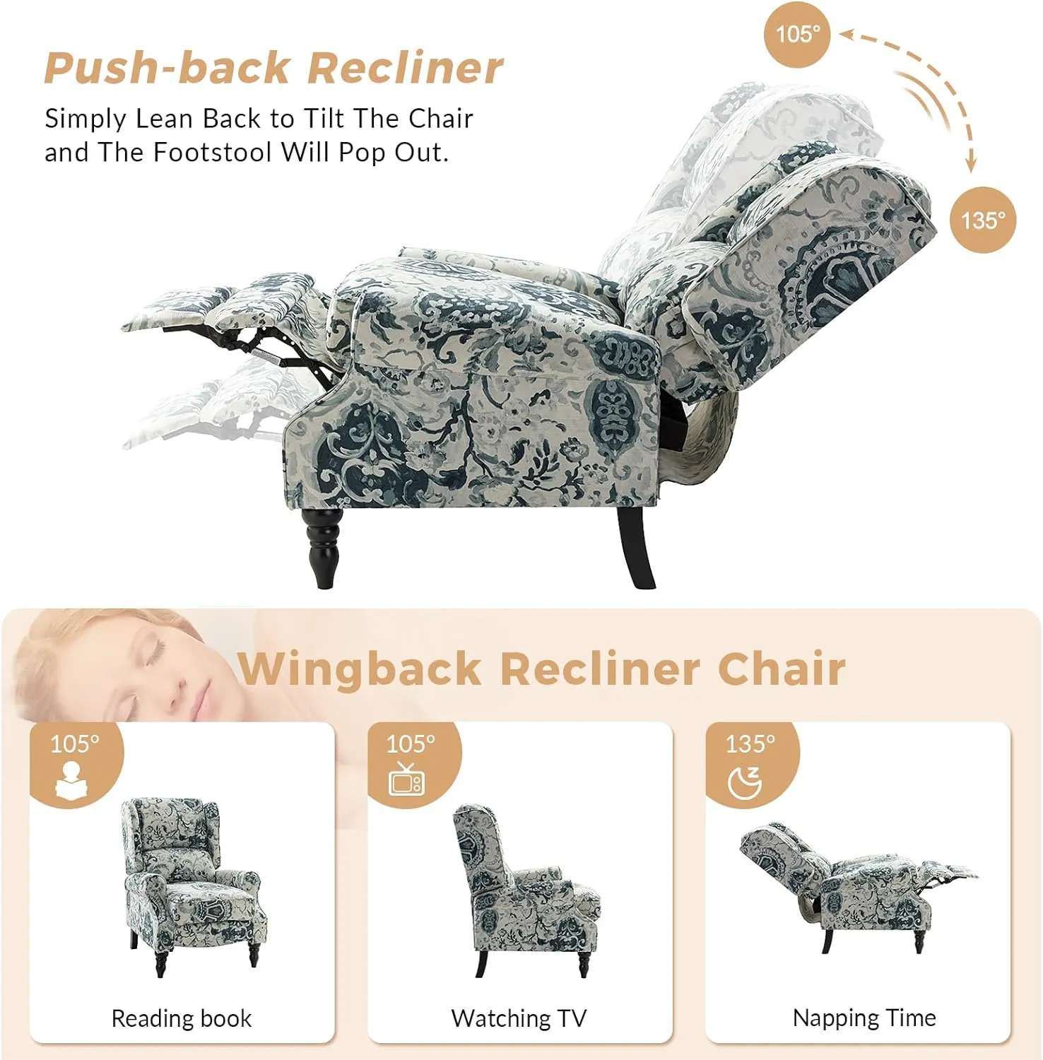 HULALA Home Upholstered Wingback Recliner Chair, Small Adjustable Footrest Push Back Single Reclining Sofa, Mid Century Modern Lounge Armchair for Living Room, Bedroom, Reading/Floral