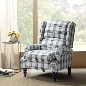 HULALA Home Upholstered Wingback Recliner Chair, Small Adjustable Footrest Push Back Single Reclining Sofa, Mid Century Modern Lounge Armchair for Living Room, Bedroom, Reading/Plaid Black