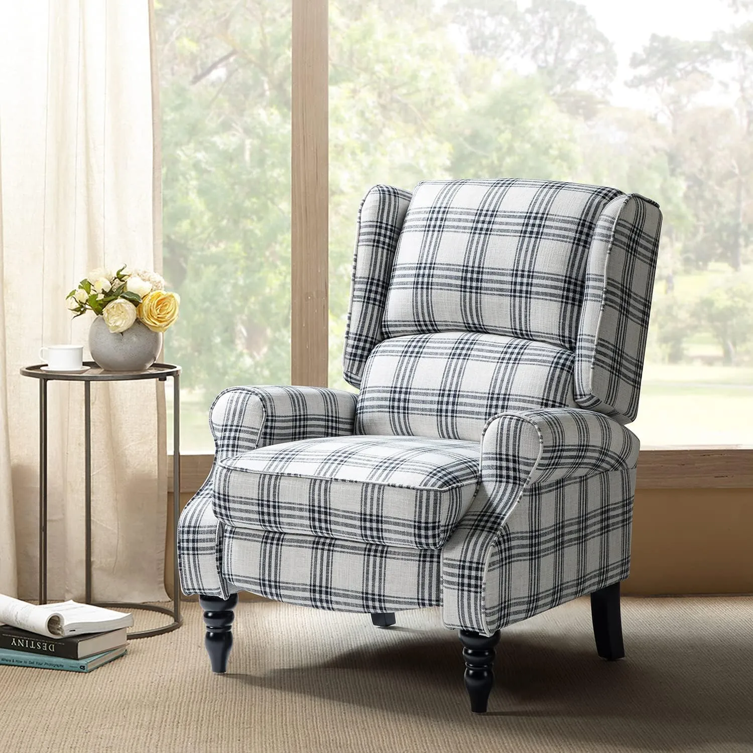 HULALA Home Upholstered Wingback Recliner Chair, Small Adjustable Footrest Push Back Single Reclining Sofa, Mid Century Modern Lounge Armchair for Living Room, Bedroom, Reading/Plaid Black