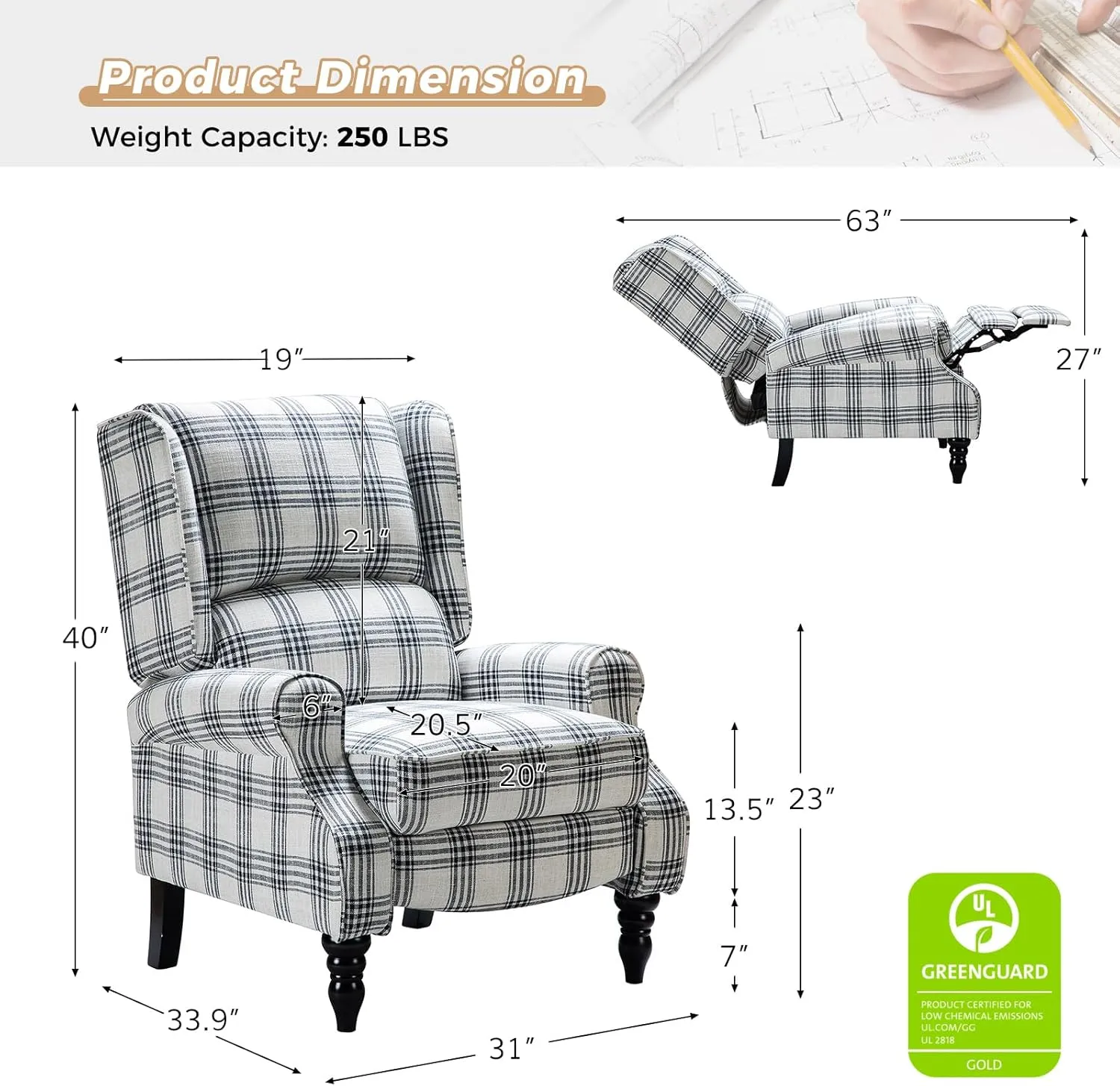 HULALA Home Upholstered Wingback Recliner Chair, Small Adjustable Footrest Push Back Single Reclining Sofa, Mid Century Modern Lounge Armchair for Living Room, Bedroom, Reading/Plaid Black