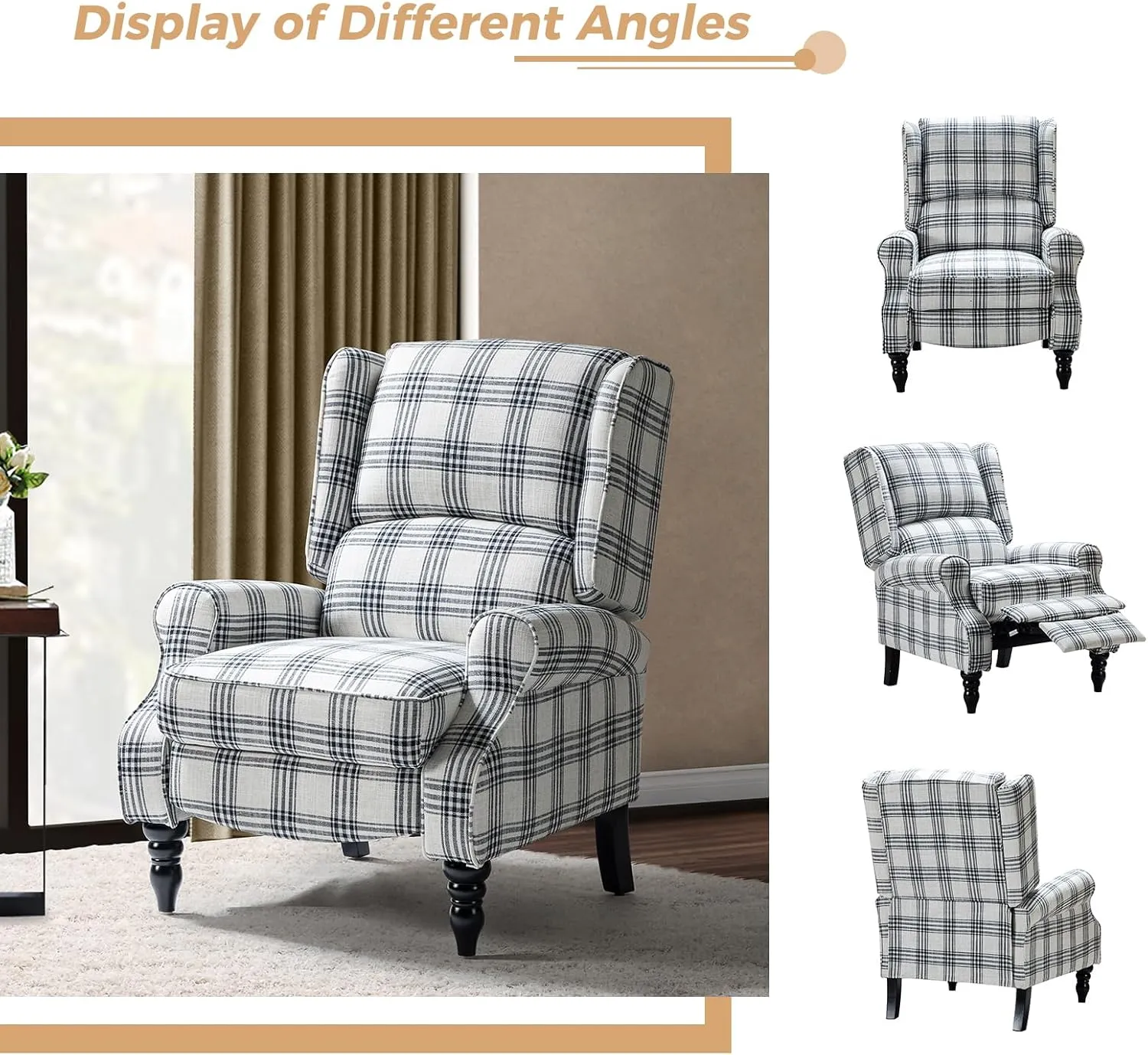 HULALA Home Upholstered Wingback Recliner Chair, Small Adjustable Footrest Push Back Single Reclining Sofa, Mid Century Modern Lounge Armchair for Living Room, Bedroom, Reading/Plaid Black
