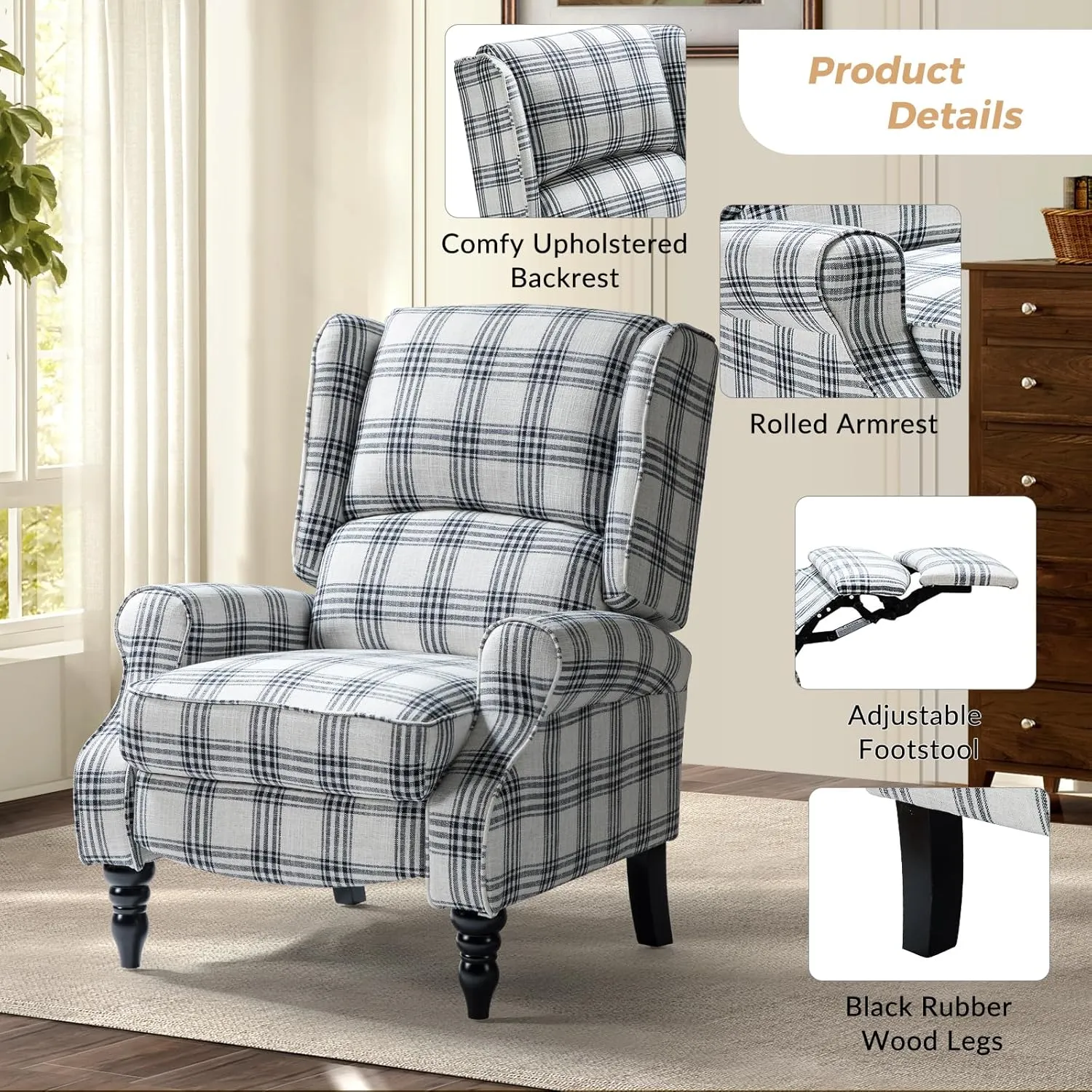 HULALA Home Upholstered Wingback Recliner Chair, Small Adjustable Footrest Push Back Single Reclining Sofa, Mid Century Modern Lounge Armchair for Living Room, Bedroom, Reading/Plaid Black