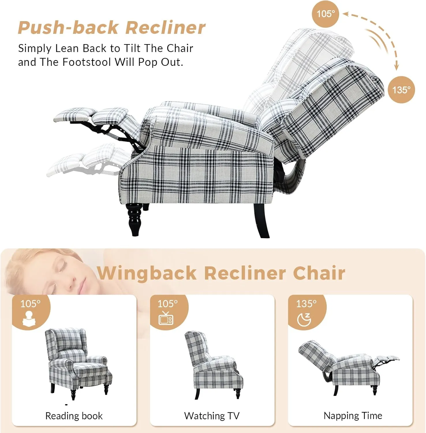 HULALA Home Upholstered Wingback Recliner Chair, Small Adjustable Footrest Push Back Single Reclining Sofa, Mid Century Modern Lounge Armchair for Living Room, Bedroom, Reading/Plaid Black