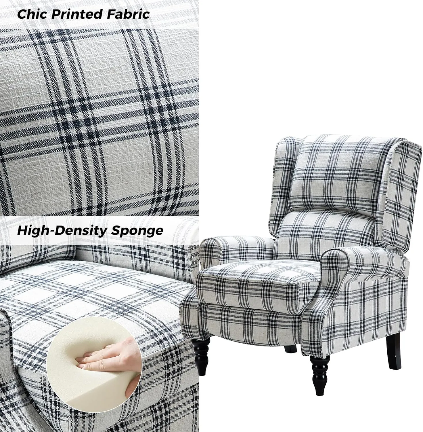 HULALA Home Upholstered Wingback Recliner Chair, Small Adjustable Footrest Push Back Single Reclining Sofa, Mid Century Modern Lounge Armchair for Living Room, Bedroom, Reading/Plaid Black