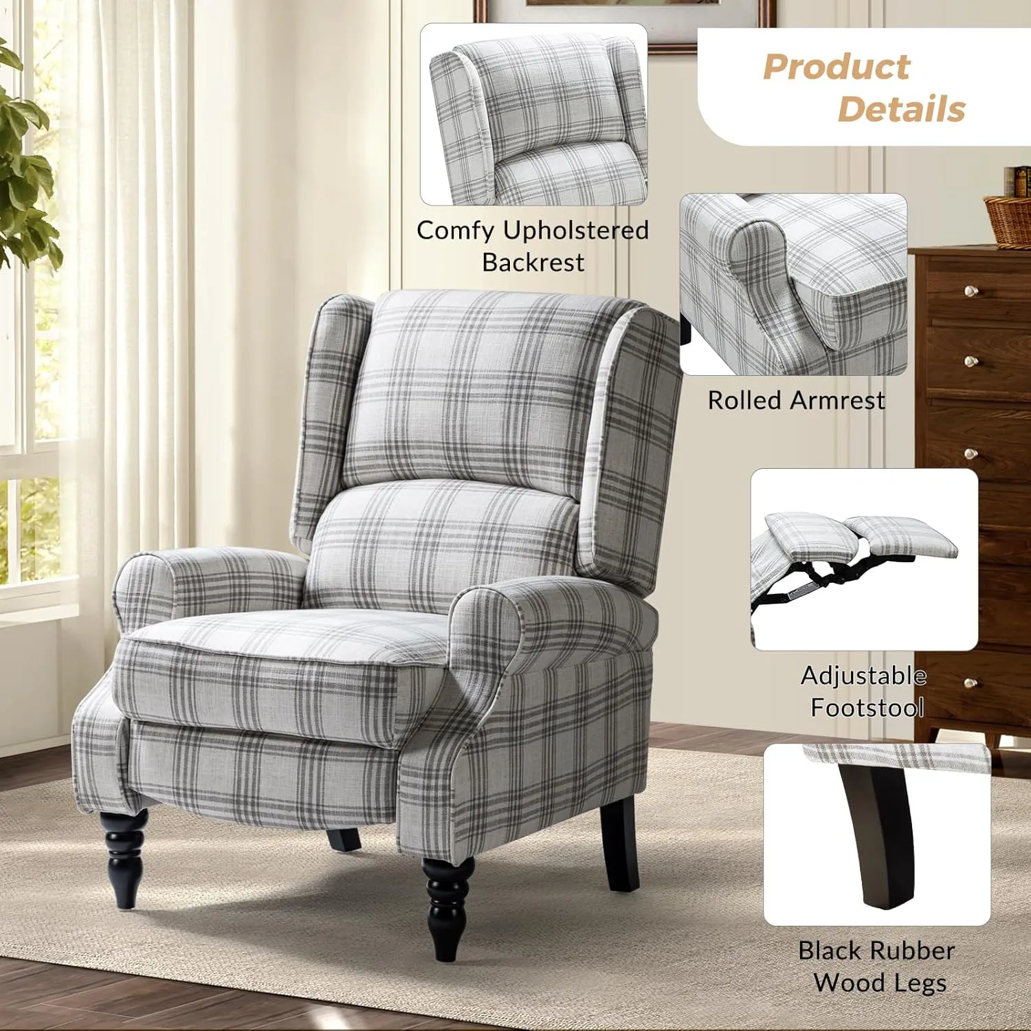 HULALA Home Upholstered Wingback Recliner Chair, Small Adjustable Footrest Push Back Single Reclining Sofa, Mid Century Modern Lounge Armchair for Living Room, Bedroom, Reading/Plaid Grey