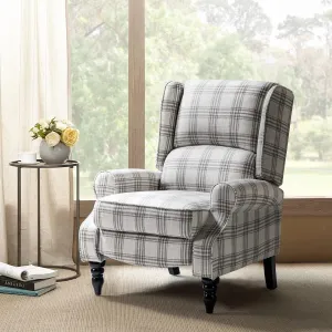 HULALA Home Upholstered Wingback Recliner Chair, Small Adjustable Footrest Push Back Single Reclining Sofa, Mid Century Modern Lounge Armchair for Living Room, Bedroom, Reading/Plaid Grey