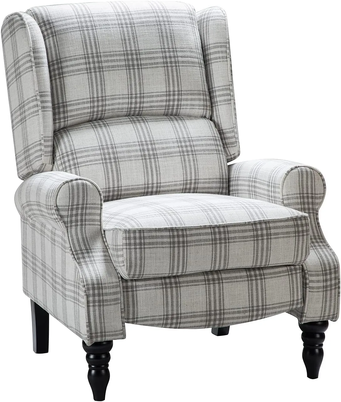HULALA Home Upholstered Wingback Recliner Chair, Small Adjustable Footrest Push Back Single Reclining Sofa, Mid Century Modern Lounge Armchair for Living Room, Bedroom, Reading/Plaid Grey