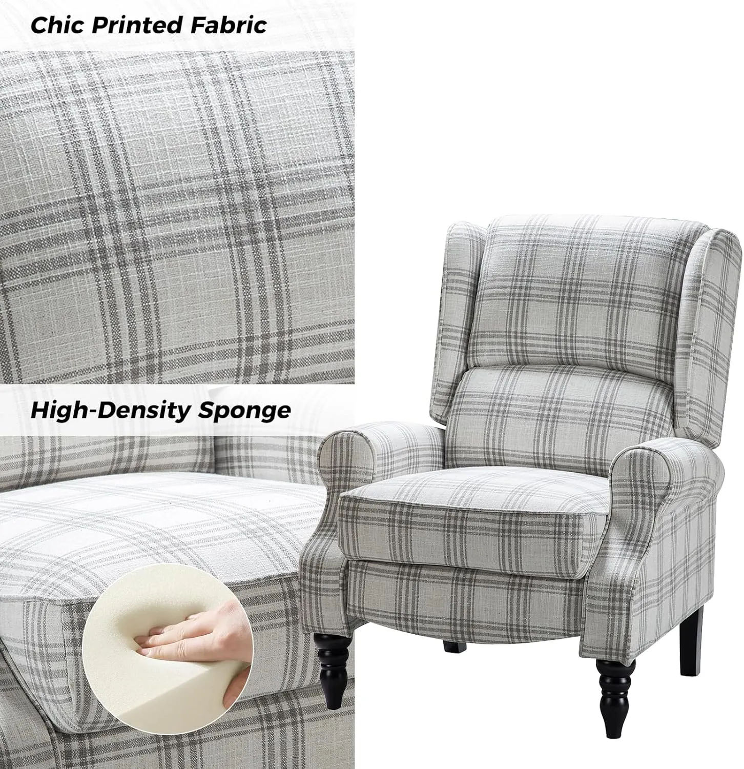 HULALA Home Upholstered Wingback Recliner Chair, Small Adjustable Footrest Push Back Single Reclining Sofa, Mid Century Modern Lounge Armchair for Living Room, Bedroom, Reading/Plaid Grey