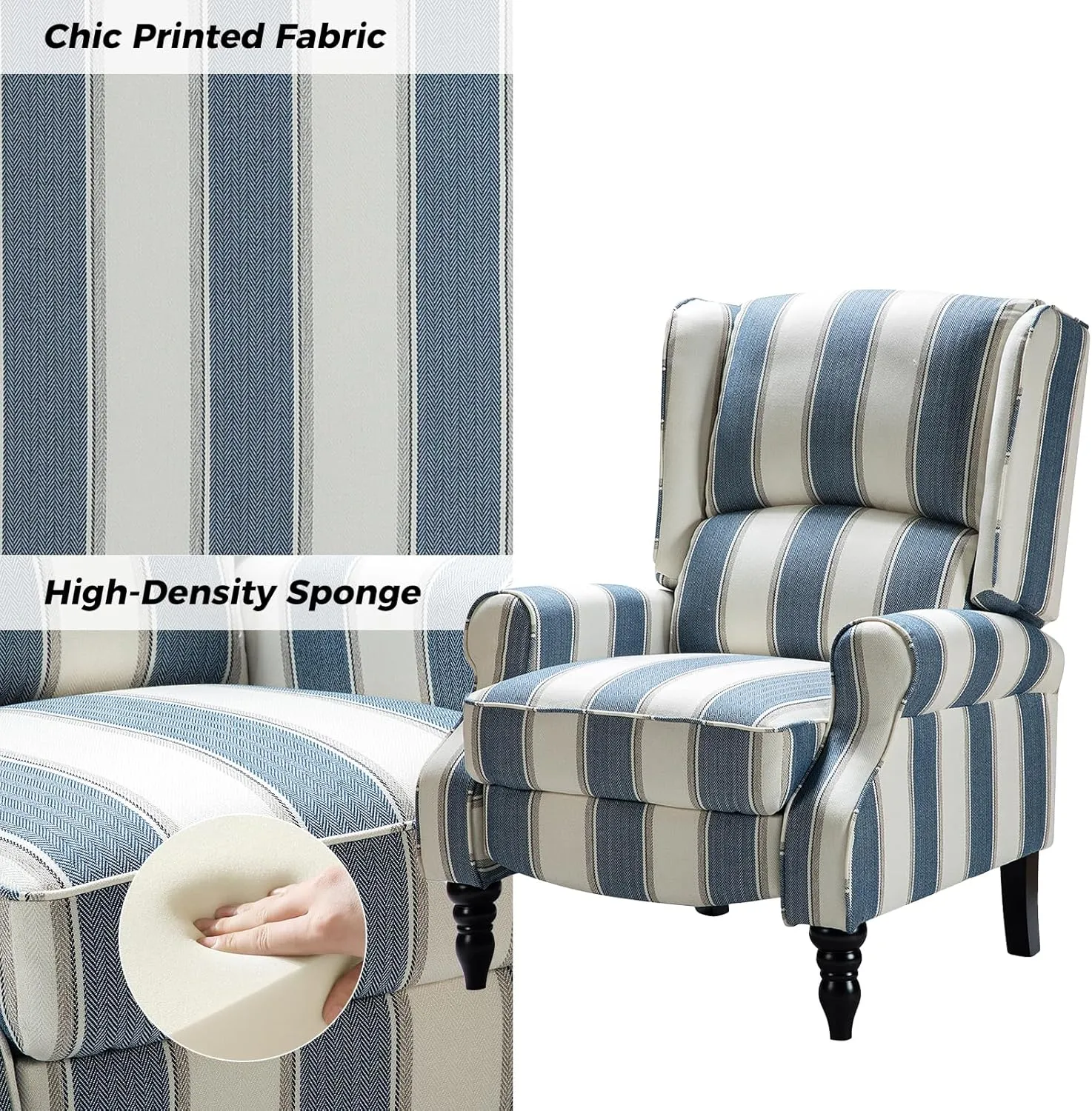 HULALA Home Upholstered Wingback Recliner Chair, Small Adjustable Footrest Push Back Single Reclining Sofa, Mid Century Modern Lounge Armchair for Living Room, Bedroom, Reading/Stripe Navy
