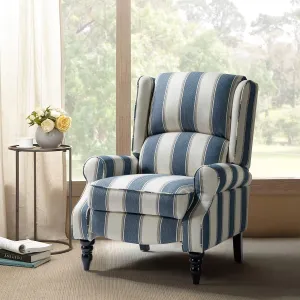HULALA Home Upholstered Wingback Recliner Chair, Small Adjustable Footrest Push Back Single Reclining Sofa, Mid Century Modern Lounge Armchair for Living Room, Bedroom, Reading/Stripe Navy