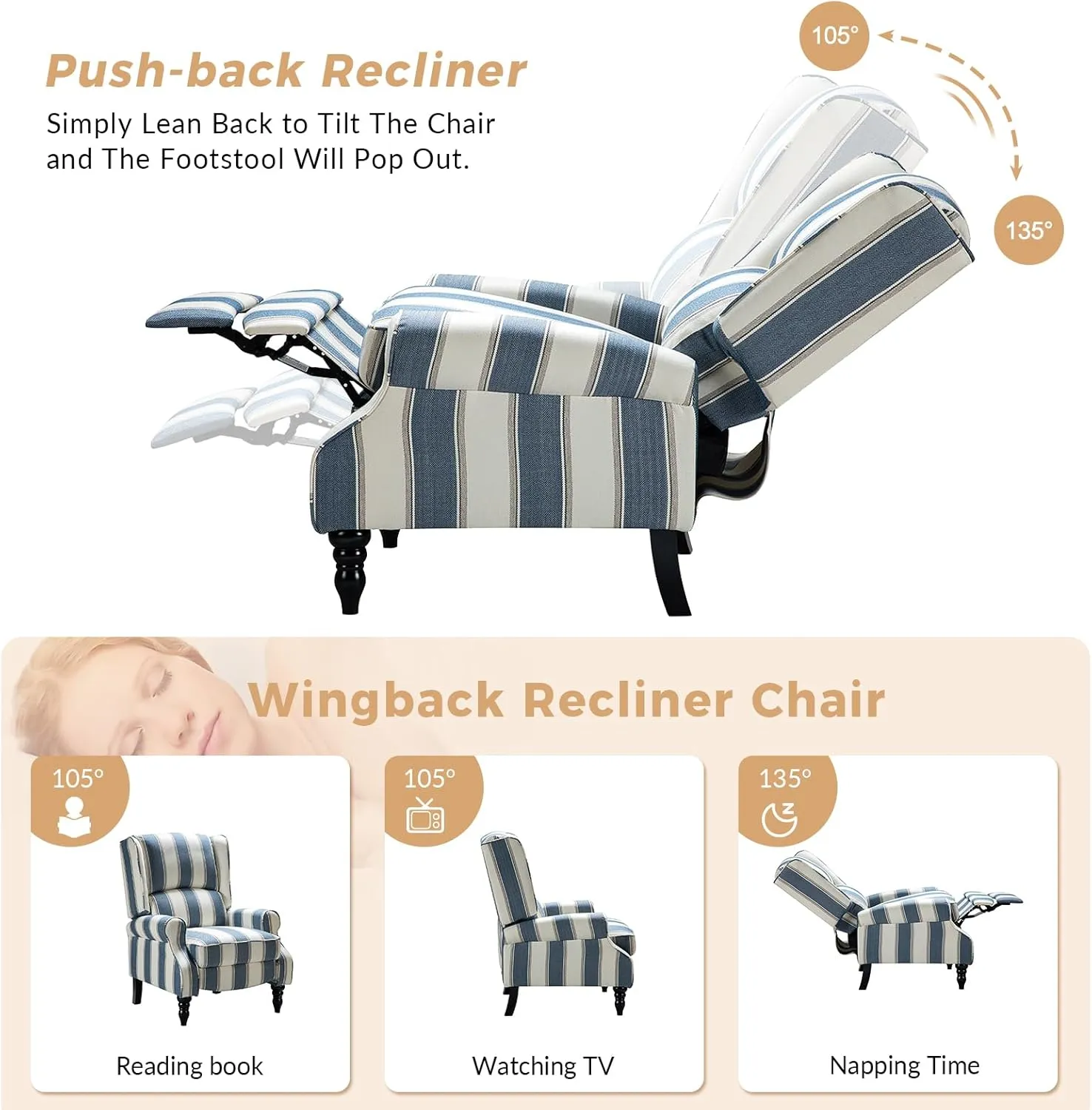 HULALA Home Upholstered Wingback Recliner Chair, Small Adjustable Footrest Push Back Single Reclining Sofa, Mid Century Modern Lounge Armchair for Living Room, Bedroom, Reading/Stripe Navy