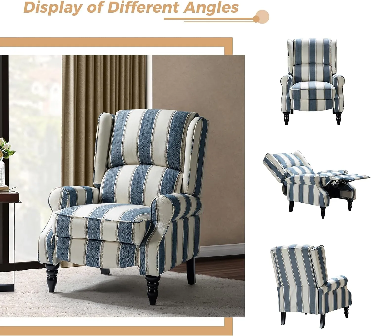 HULALA Home Upholstered Wingback Recliner Chair, Small Adjustable Footrest Push Back Single Reclining Sofa, Mid Century Modern Lounge Armchair for Living Room, Bedroom, Reading/Stripe Navy