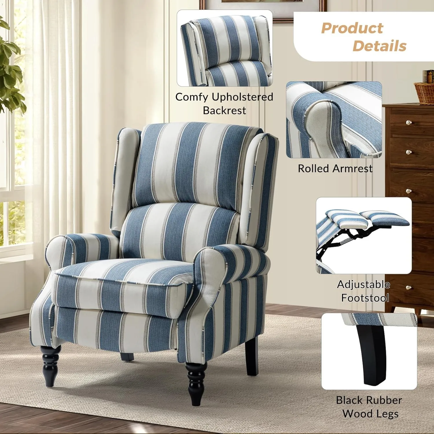 HULALA Home Upholstered Wingback Recliner Chair, Small Adjustable Footrest Push Back Single Reclining Sofa, Mid Century Modern Lounge Armchair for Living Room, Bedroom, Reading/Stripe Navy
