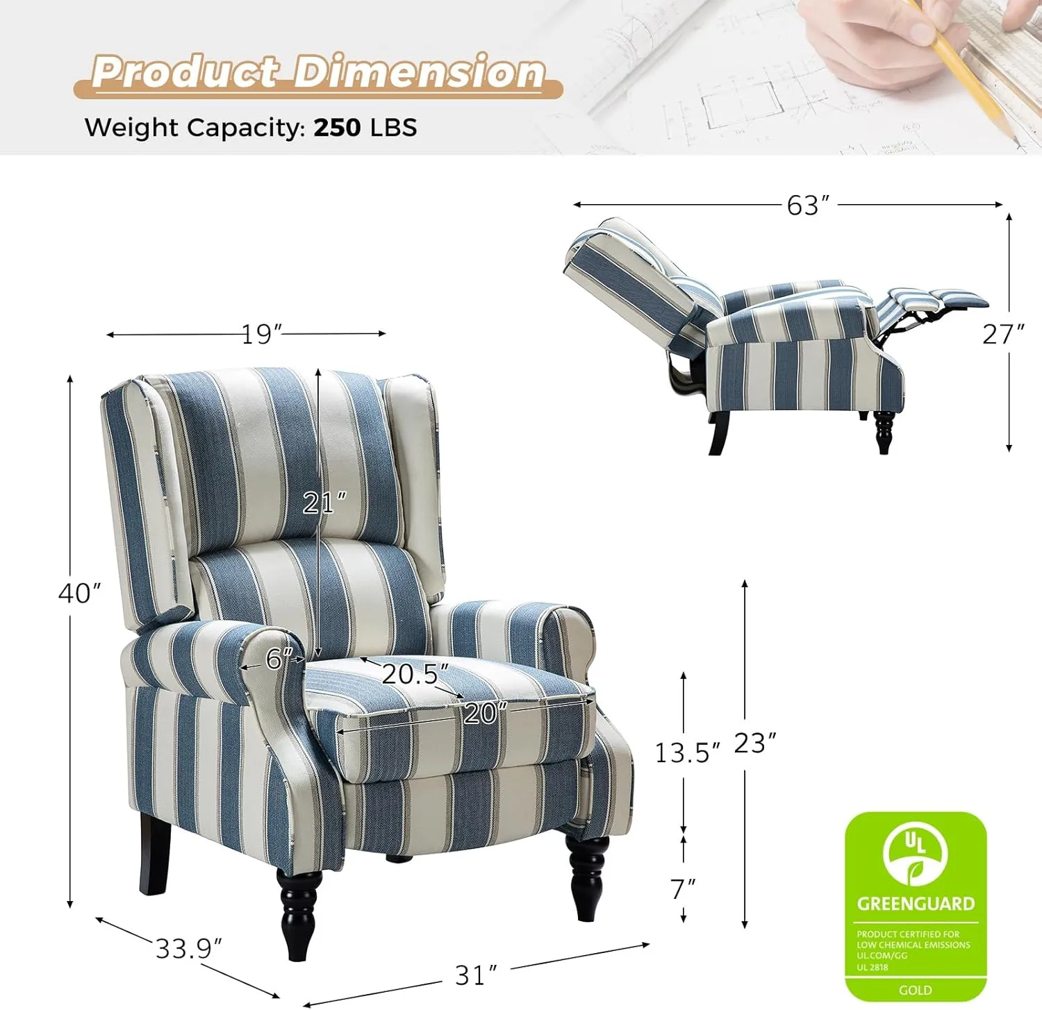 HULALA Home Upholstered Wingback Recliner Chair, Small Adjustable Footrest Push Back Single Reclining Sofa, Mid Century Modern Lounge Armchair for Living Room, Bedroom, Reading/Stripe Navy