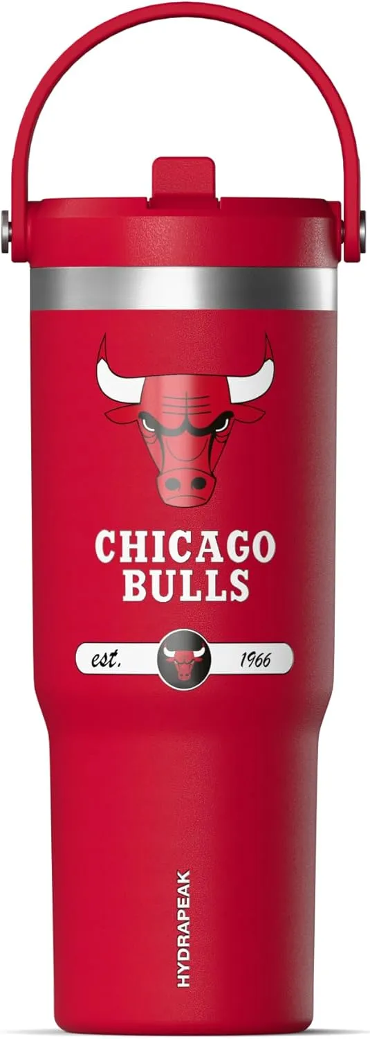 Hydrapeak x NBA Officially Licensed Chicago Bulls 32 oz Nomad Tumbler with Handle and Straw Lid, Leakproof Stainless Steel Water Bottle