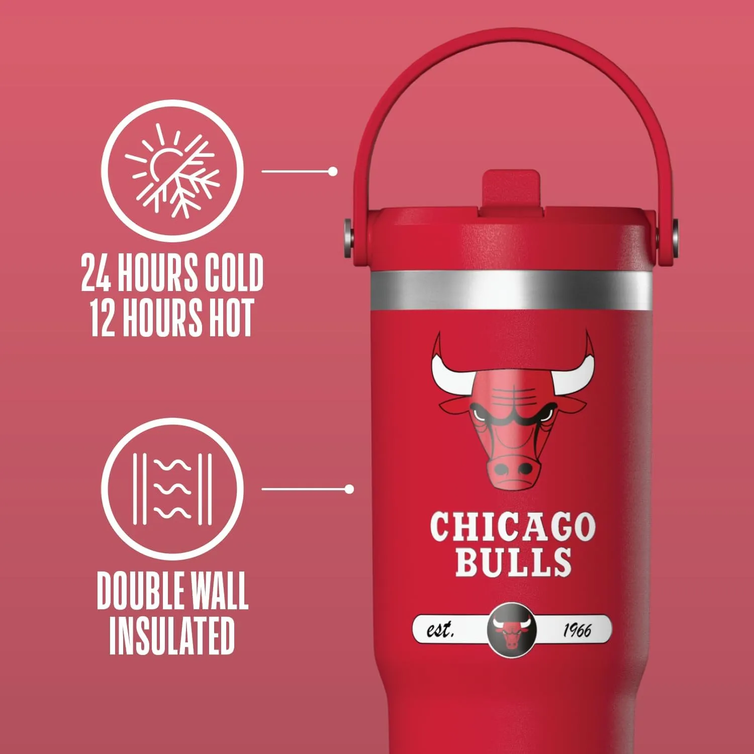 Hydrapeak x NBA Officially Licensed Chicago Bulls 32 oz Nomad Tumbler with Handle and Straw Lid, Leakproof Stainless Steel Water Bottle