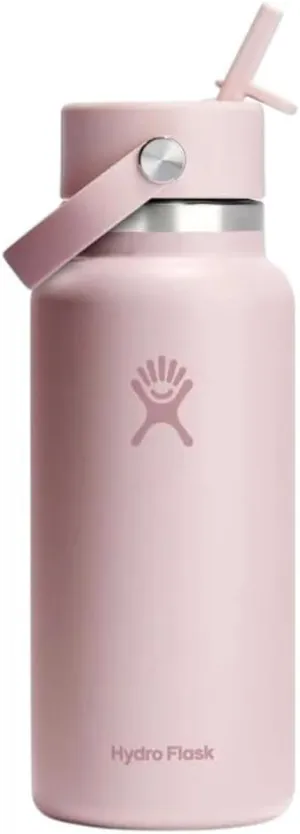 Hydro Flask Water Bottle - Insulated Stainless Steel - Wide Mouth Flex Straw Lid, Non Spill, Leakproof and Refillable in 32 Oz Trillium Pink
