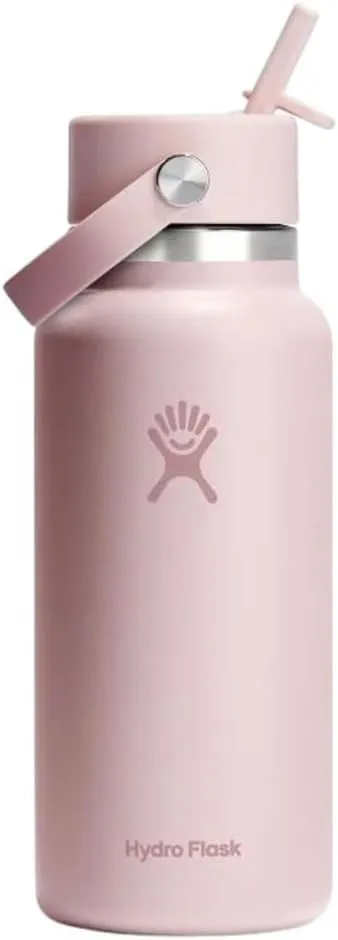Hydro Flask Water Bottle - Insulated Stainless Steel - Wide Mouth Flex Straw Lid, Non Spill, Leakproof and Refillable in 32 Oz Trillium Pink