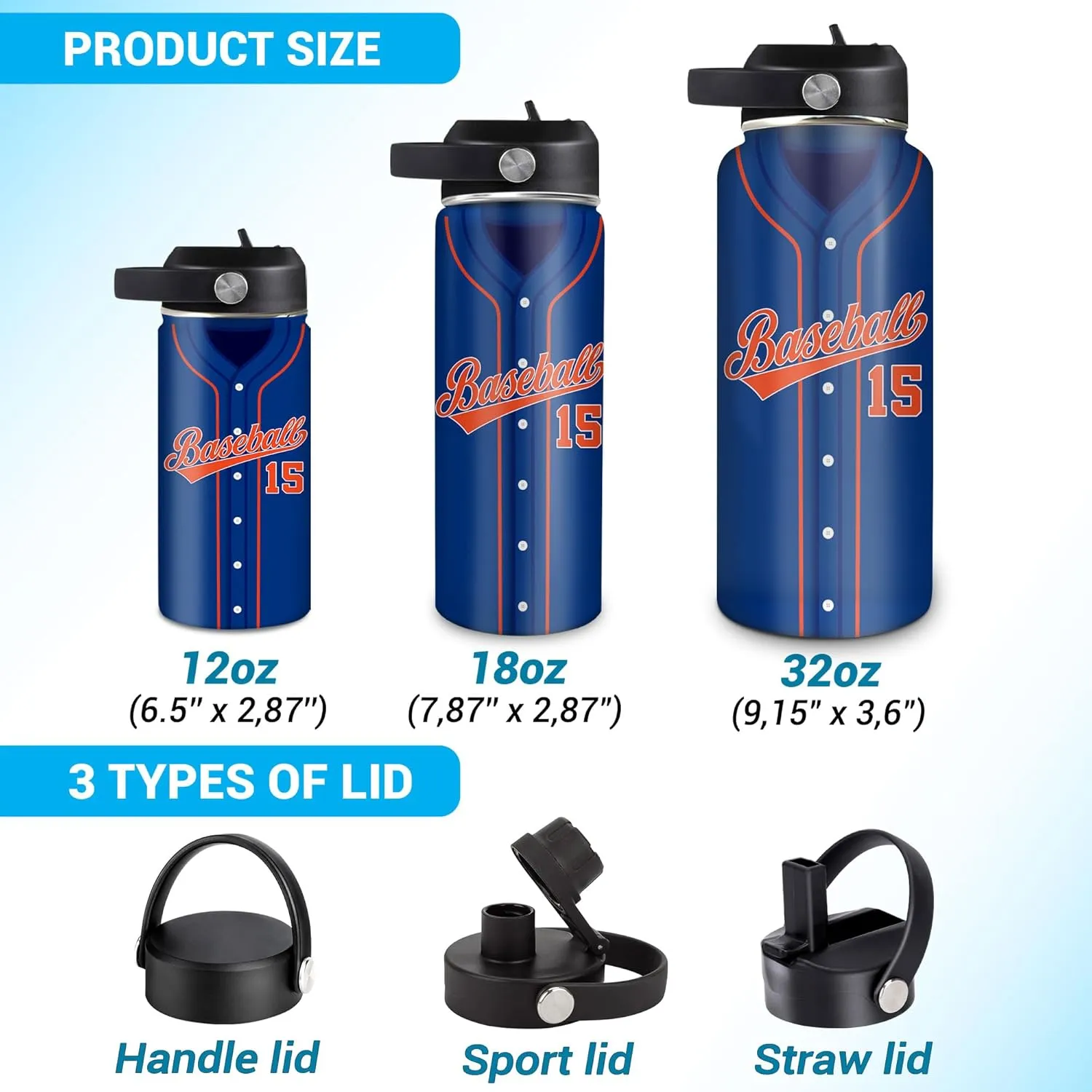 Hyturtle Personalized Baseball Water Bottle - Travel Insulated Stainless Steel Bottle with Leak-Proof Lid 18oz 32oz - Gift for Men, Boys, Baseball Lovers, Players, Coaches - Birthday & Christmas Gift