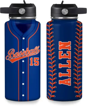 Hyturtle Personalized Baseball Water Bottle - Travel Insulated Stainless Steel Bottle with Leak-Proof Lid 18oz 32oz - Gift for Men, Boys, Baseball Lovers, Players, Coaches - Birthday & Christmas Gift