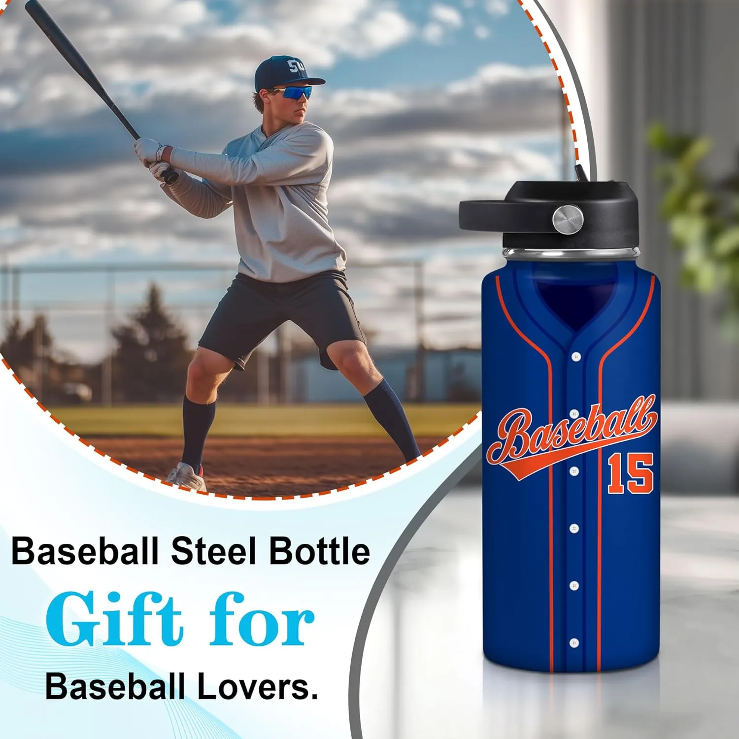 Hyturtle Personalized Baseball Water Bottle - Travel Insulated Stainless Steel Bottle with Leak-Proof Lid 18oz 32oz - Gift for Men, Boys, Baseball Lovers, Players, Coaches - Birthday & Christmas Gift