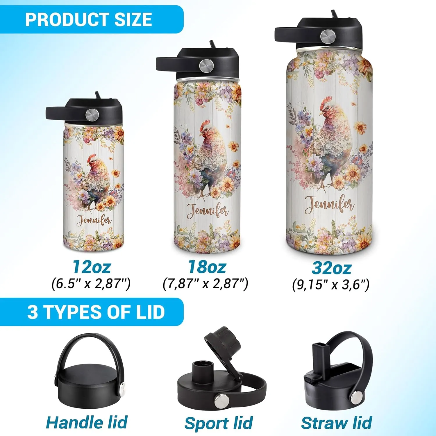 Hyturtle Personalized Chicken Water Bottle - Chicken Print Insulated Stainless Steel Bottle with Leak-Proof Lid 18oz 32oz - Gift for Chicken Lovers Women, Girls - Birthday & Christmas Gift