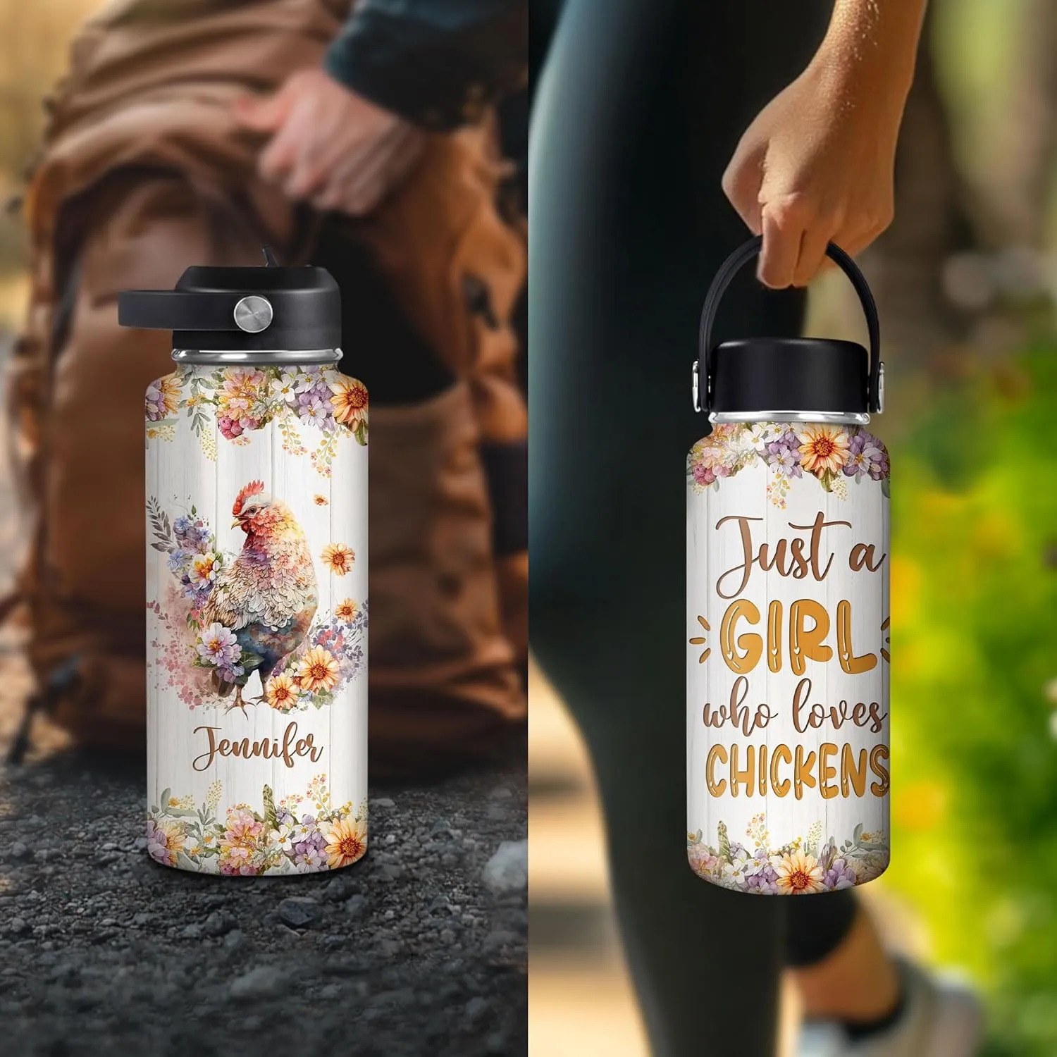 Hyturtle Personalized Chicken Water Bottle - Chicken Print Insulated Stainless Steel Bottle with Leak-Proof Lid 18oz 32oz - Gift for Chicken Lovers Women, Girls - Birthday & Christmas Gift