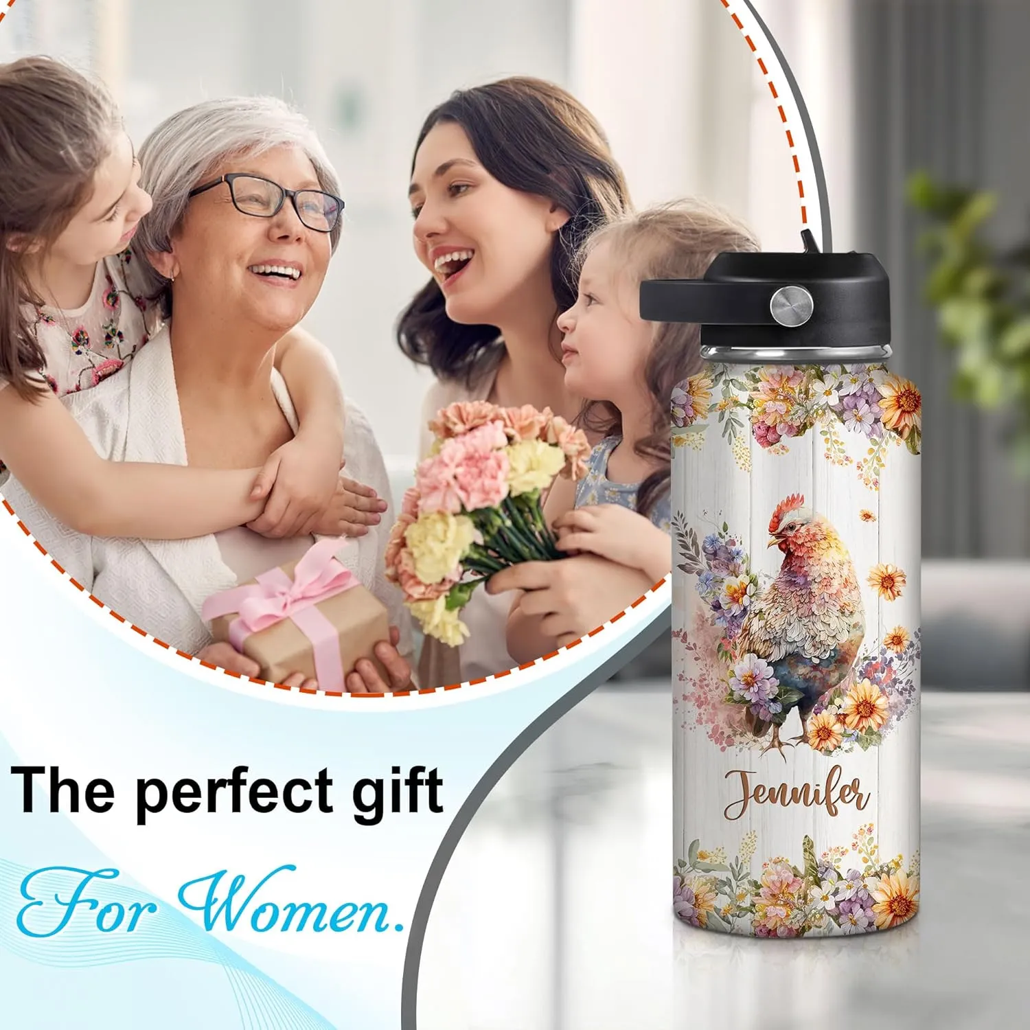 Hyturtle Personalized Chicken Water Bottle - Chicken Print Insulated Stainless Steel Bottle with Leak-Proof Lid 18oz 32oz - Gift for Chicken Lovers Women, Girls - Birthday & Christmas Gift